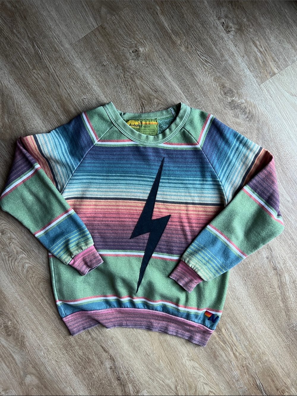 Aviator Nation Multi Striped Crewneck with Black Lightning Bolt